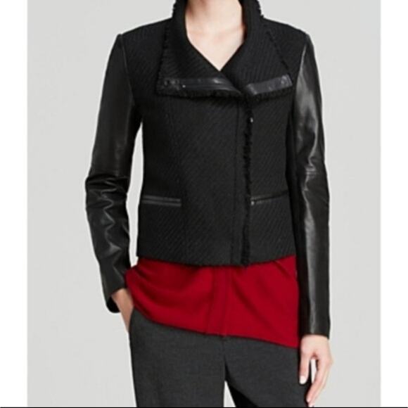 XS Vince black tweed & faux leather wool blend moto jacket with pockets - Picture 1 of 9